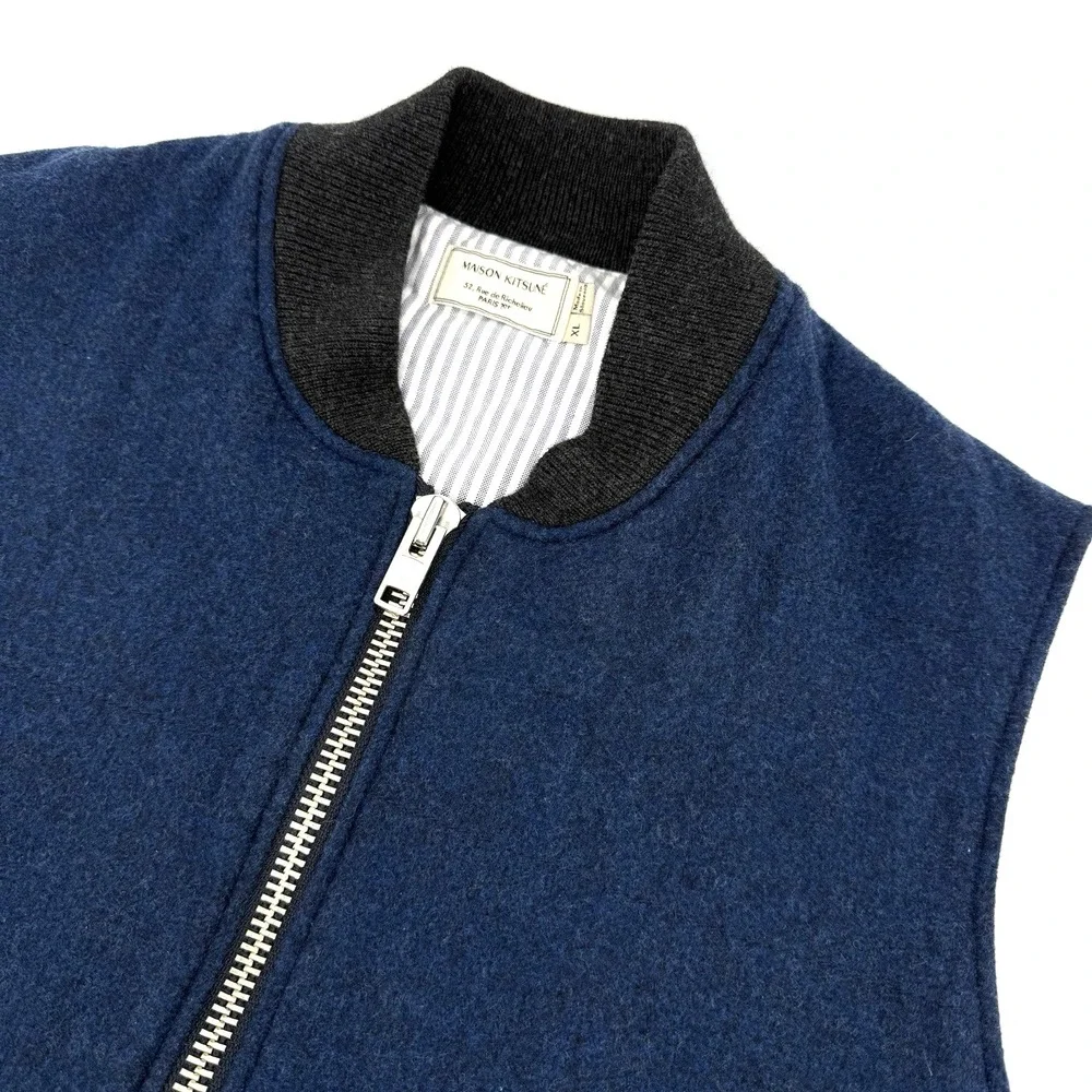 Maison Kitsuné Virgin Wool Zip Vest Blue Lined Made in‎ Slovenia XL FW15M241